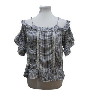 American Eagle Blue White Striped Lace Ruffled Cold Shoulder Boho Top Womens Med